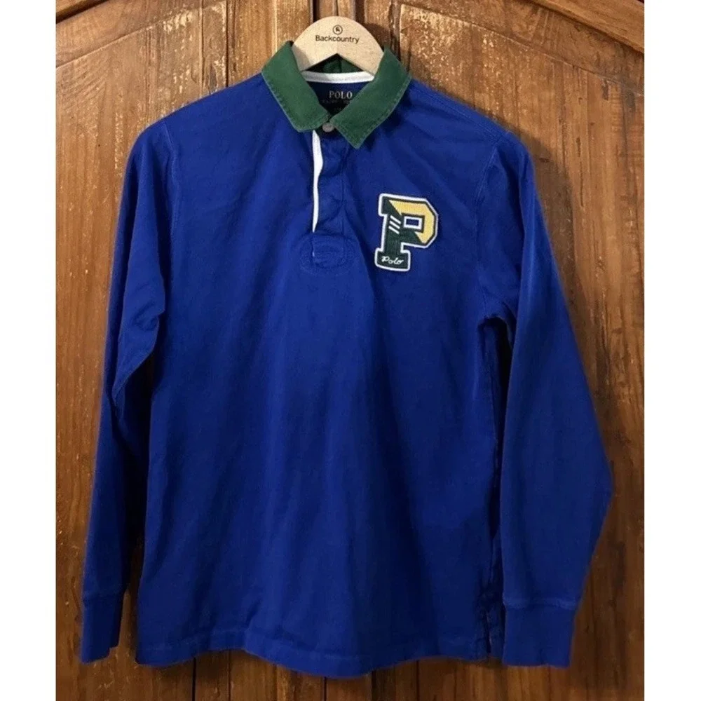 Boys Polo Ralph Lauren Cotton Jersey Letterman Rugby Polo Shirt Large 14-16